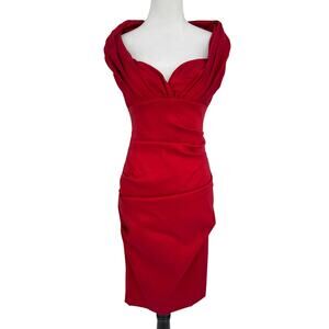 Cache Cocktail Dress Size 6 Red Off Shoulder Draped Neckline Ruched Bodycon Glam